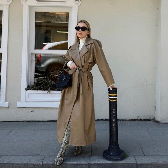 ZARA FAUX-LEATHER BELTED TRENCH COAT LIGHT BROWN S New without tags - Picture 1 of 9